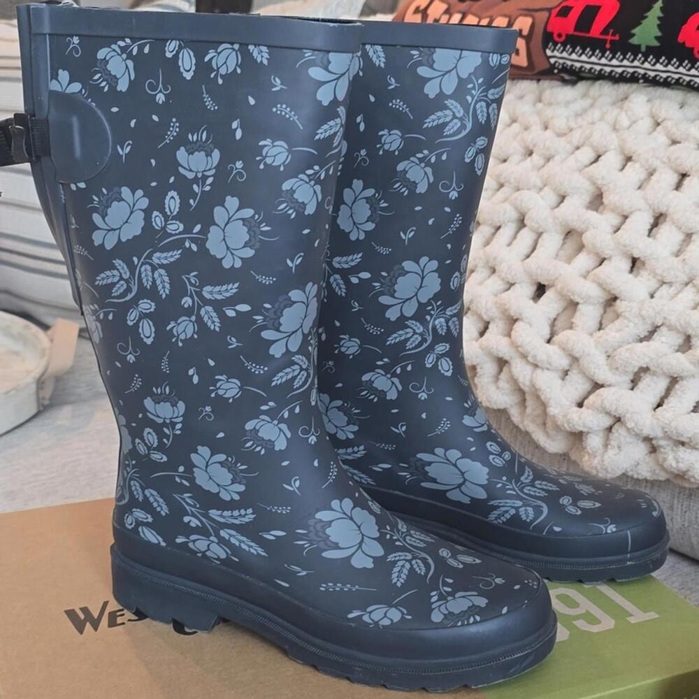 Western Chief Black Floral Women's Rain Boots Wide Calf